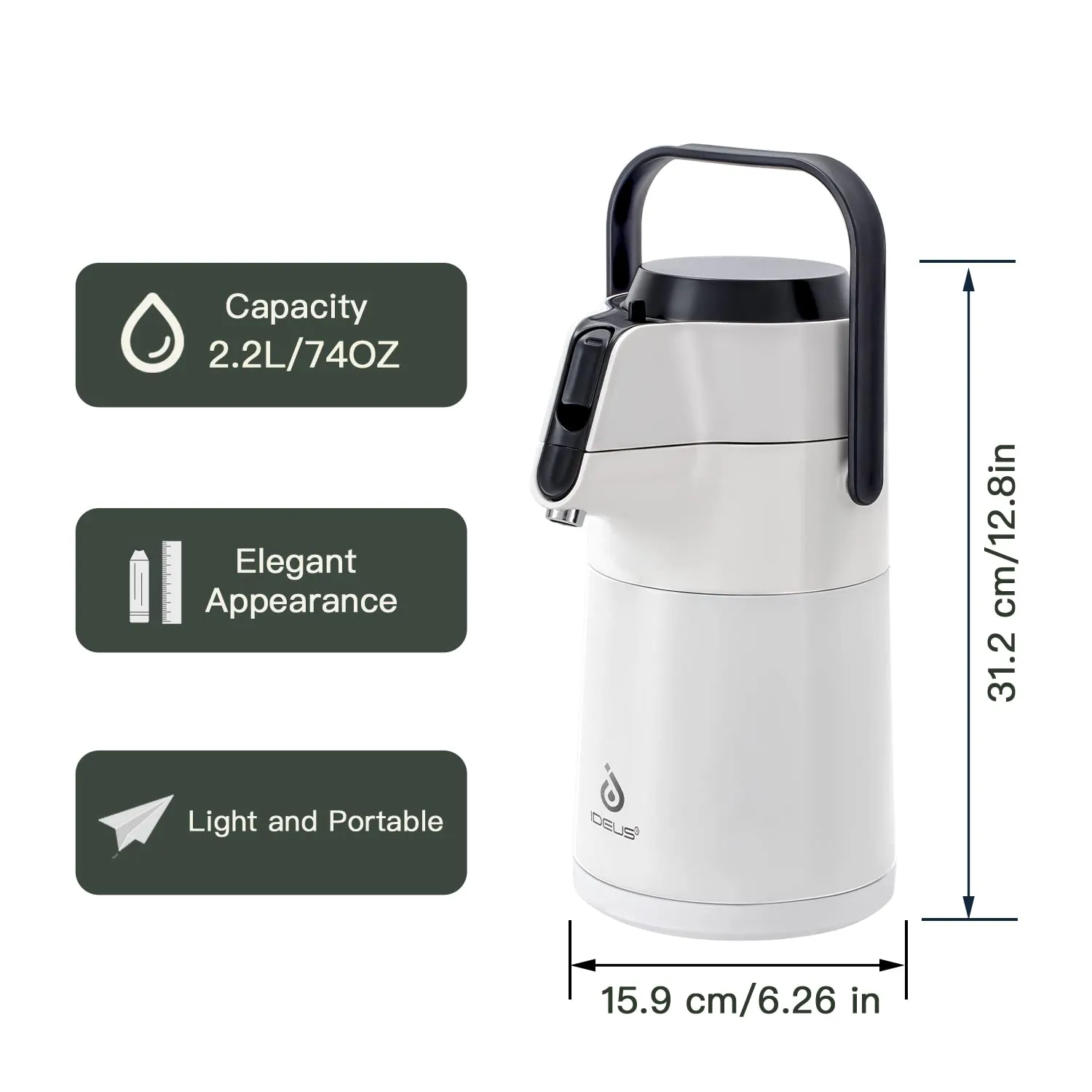 IDEUS 74 oz Stainless Steel Thermal Coffee Carafe, Double Wall Vacuum Insulated Airpot Coffee Dispenser with Pump, 12 Hour Heat 24 Hour Cold Retention, White