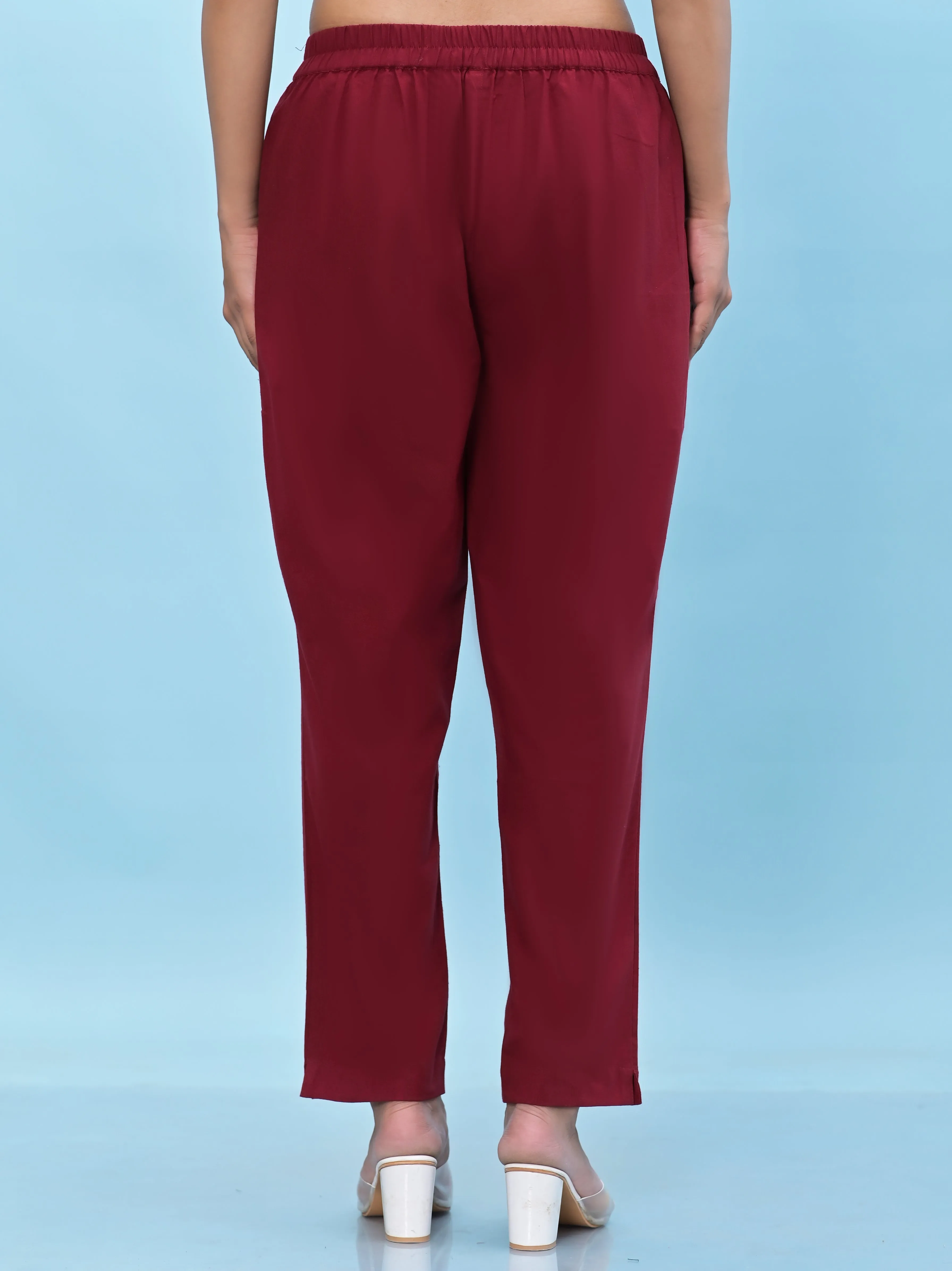 Jashvi Women Maroon Solid Cotton Pants with Partially Elasticated Waistband and Two Side Pockets