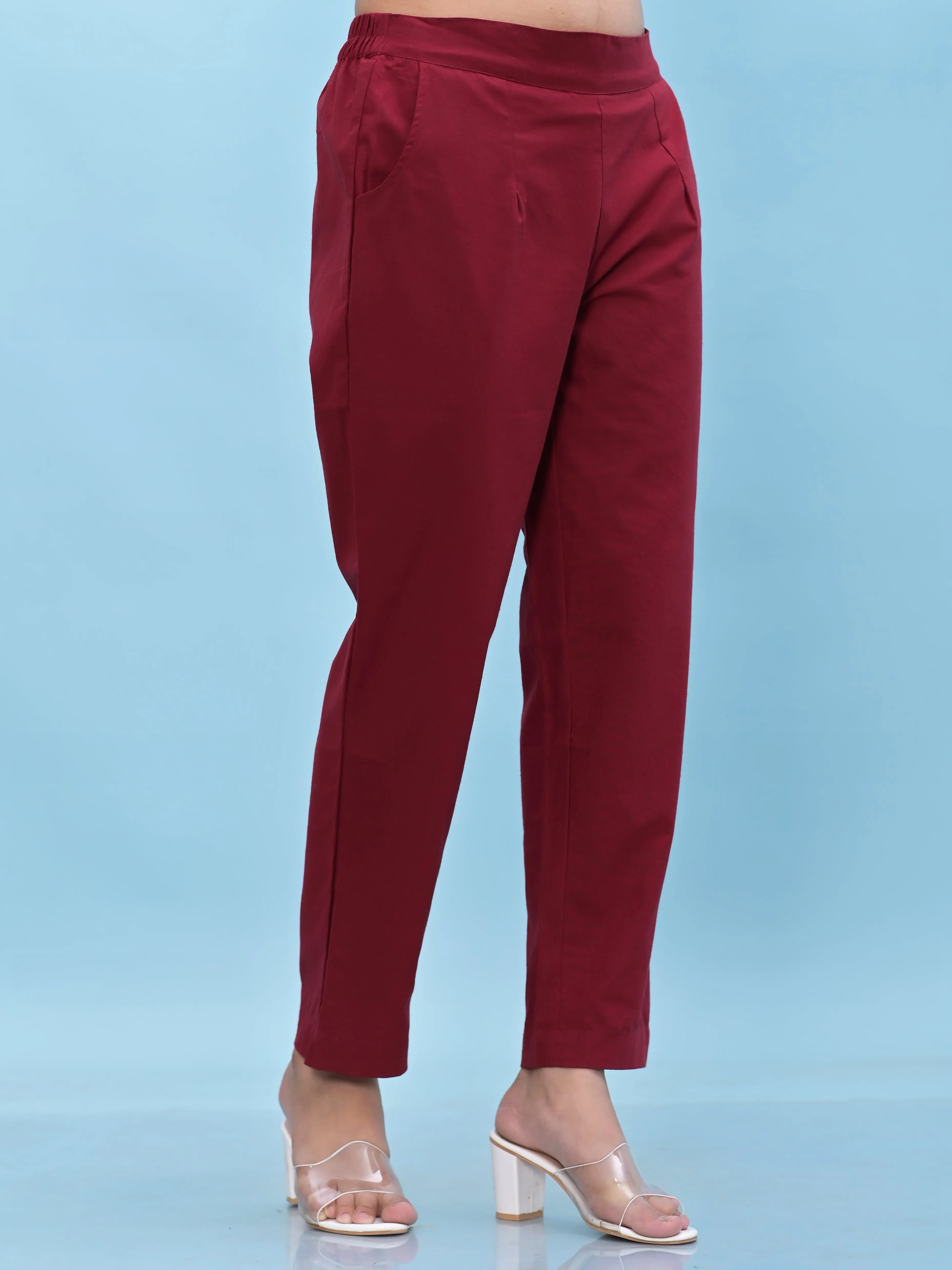 Jashvi Women Maroon Solid Cotton Pants with Partially Elasticated Waistband and Two Side Pockets