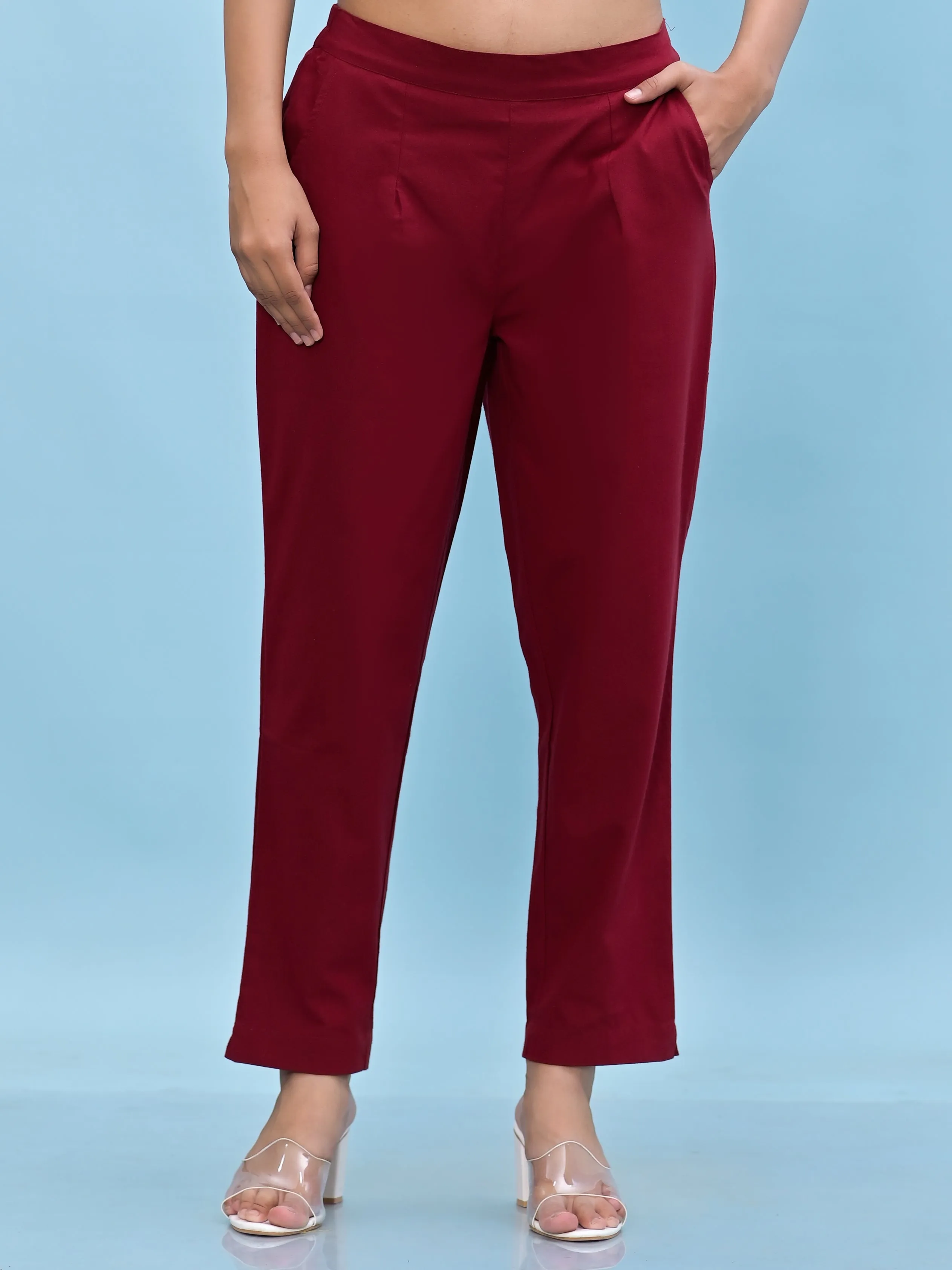 Jashvi Women Maroon Solid Cotton Pants with Partially Elasticated Waistband and Two Side Pockets