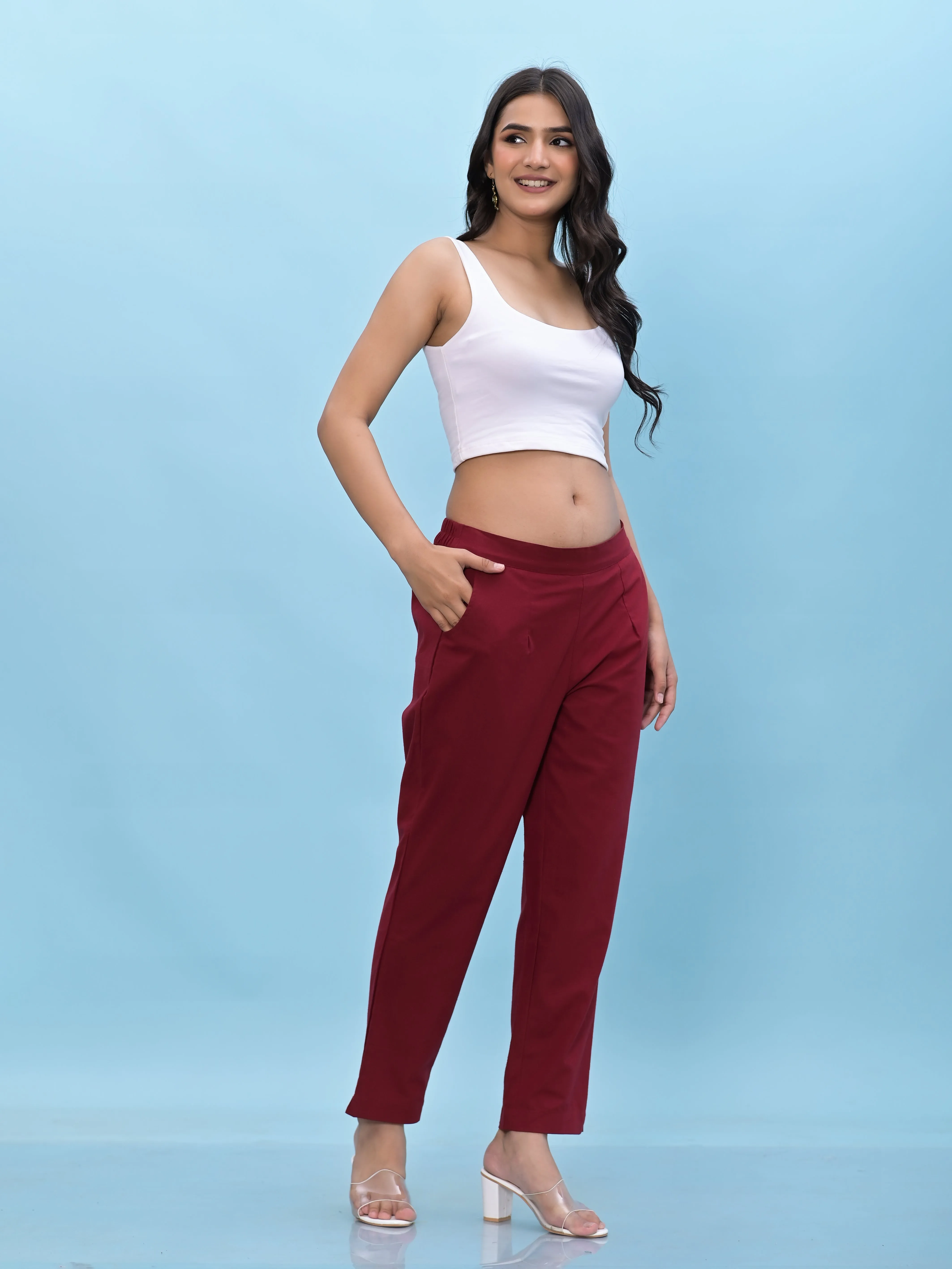 Jashvi Women Maroon Solid Cotton Pants with Partially Elasticated Waistband and Two Side Pockets