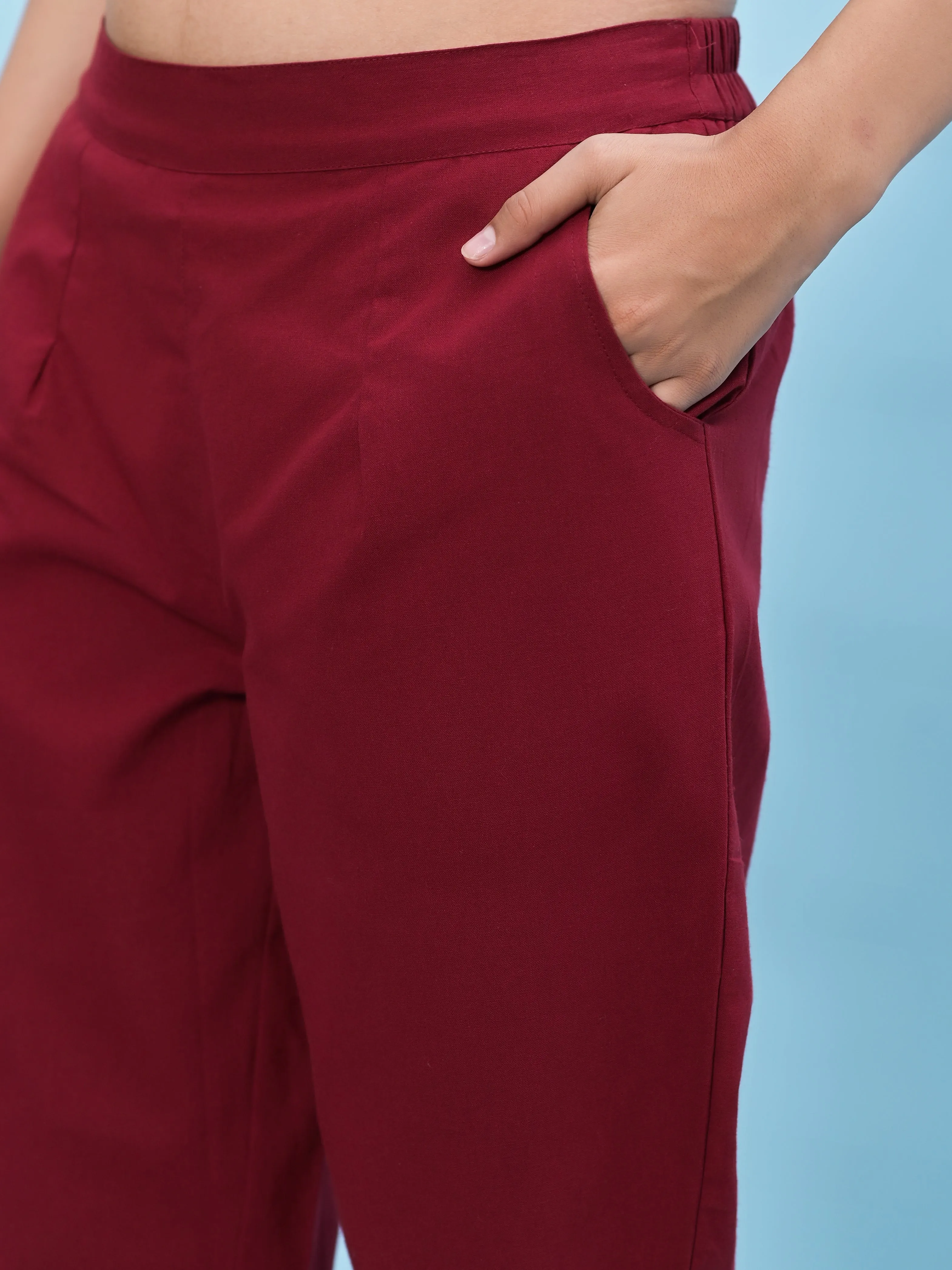 Jashvi Women Maroon Solid Cotton Pants with Partially Elasticated Waistband and Two Side Pockets