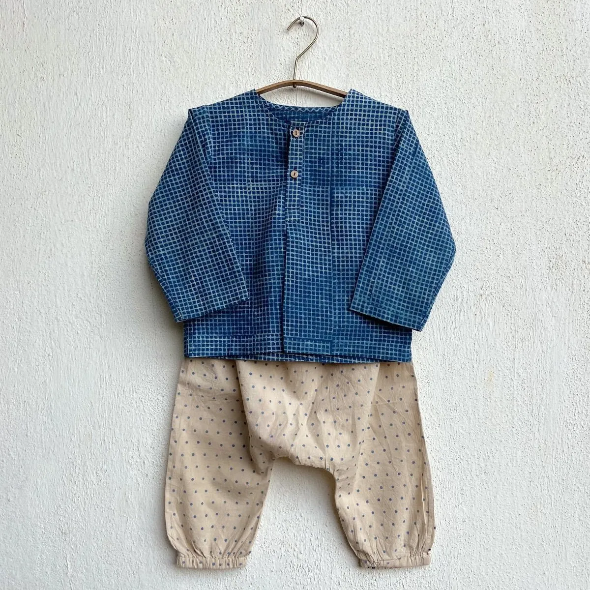 Kids Unisex Organic Cotton Check and Raidana with Raidana Pants- Indigo