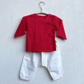 Kids Unisex Organic Cotton Red Angrakha and White Pants