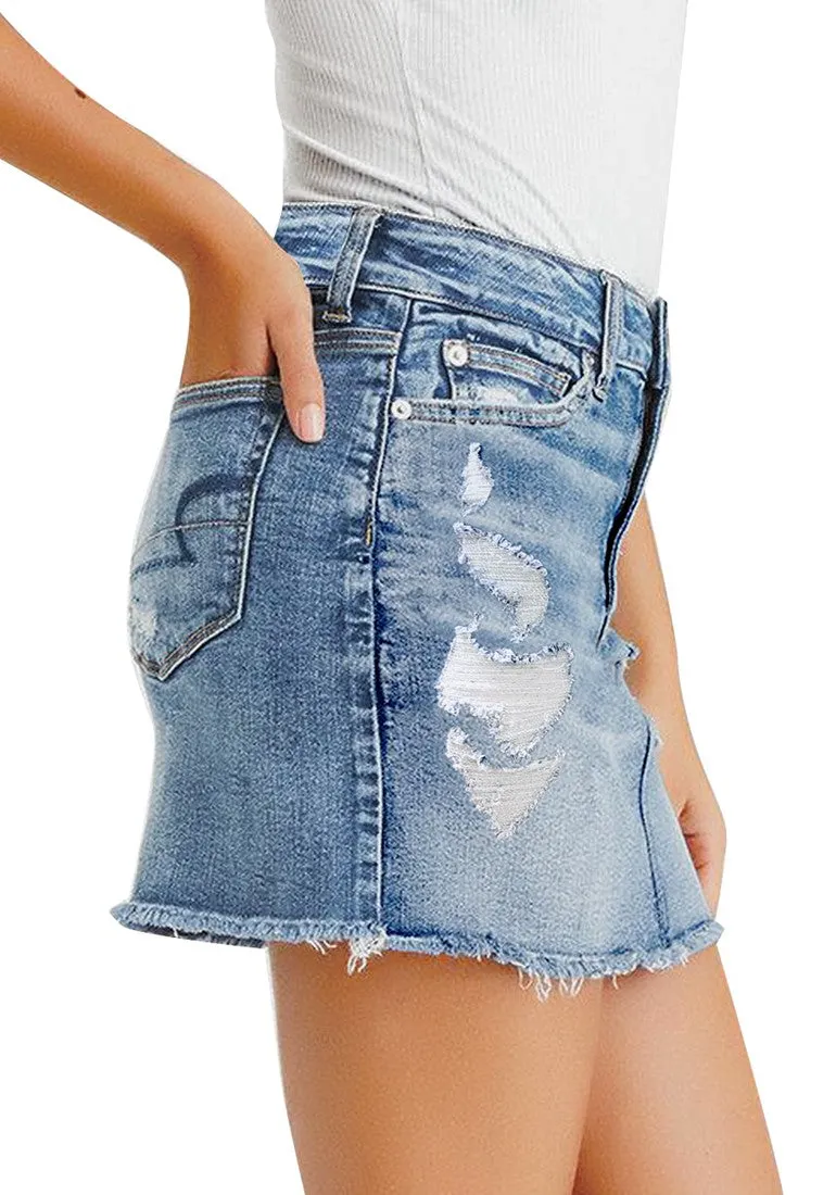 Light Blue Frayed Raw Hem Ripped Denim Mini Skirt