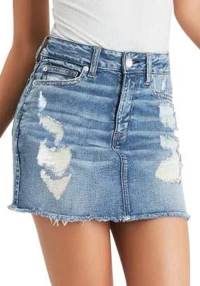 Light Blue Frayed Raw Hem Ripped Denim Mini Skirt