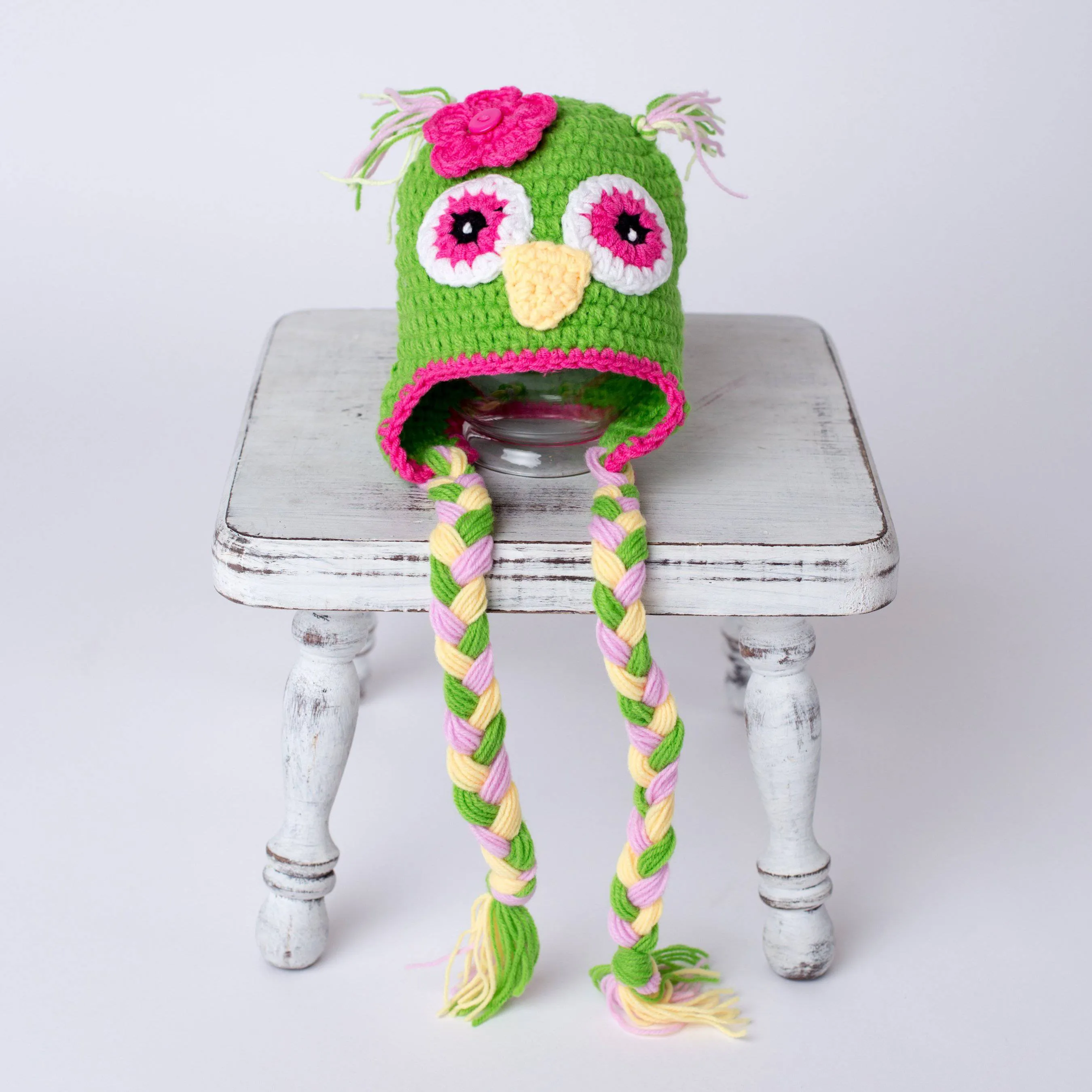 Lime Green Pink Newborn Owl Hat