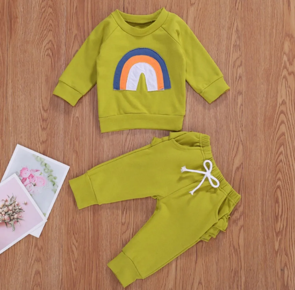 Lime Green Rainbow Crewnek Sweatshirt and Pants #1001121