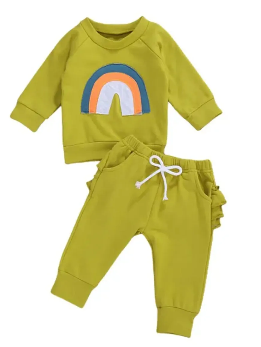 Lime Green Rainbow Crewnek Sweatshirt and Pants #1001121