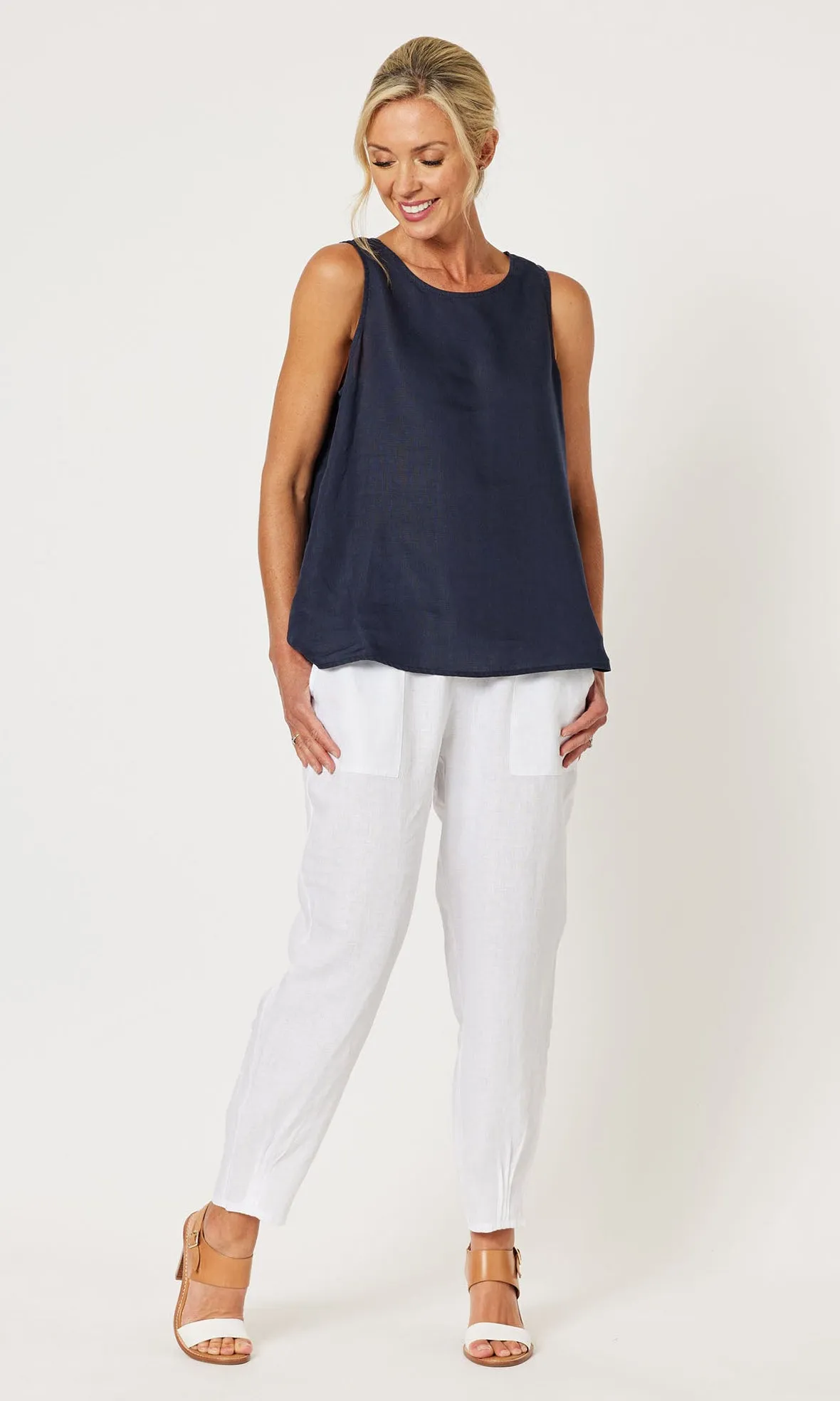 Linen Button Back Tank Top Bianca Navy