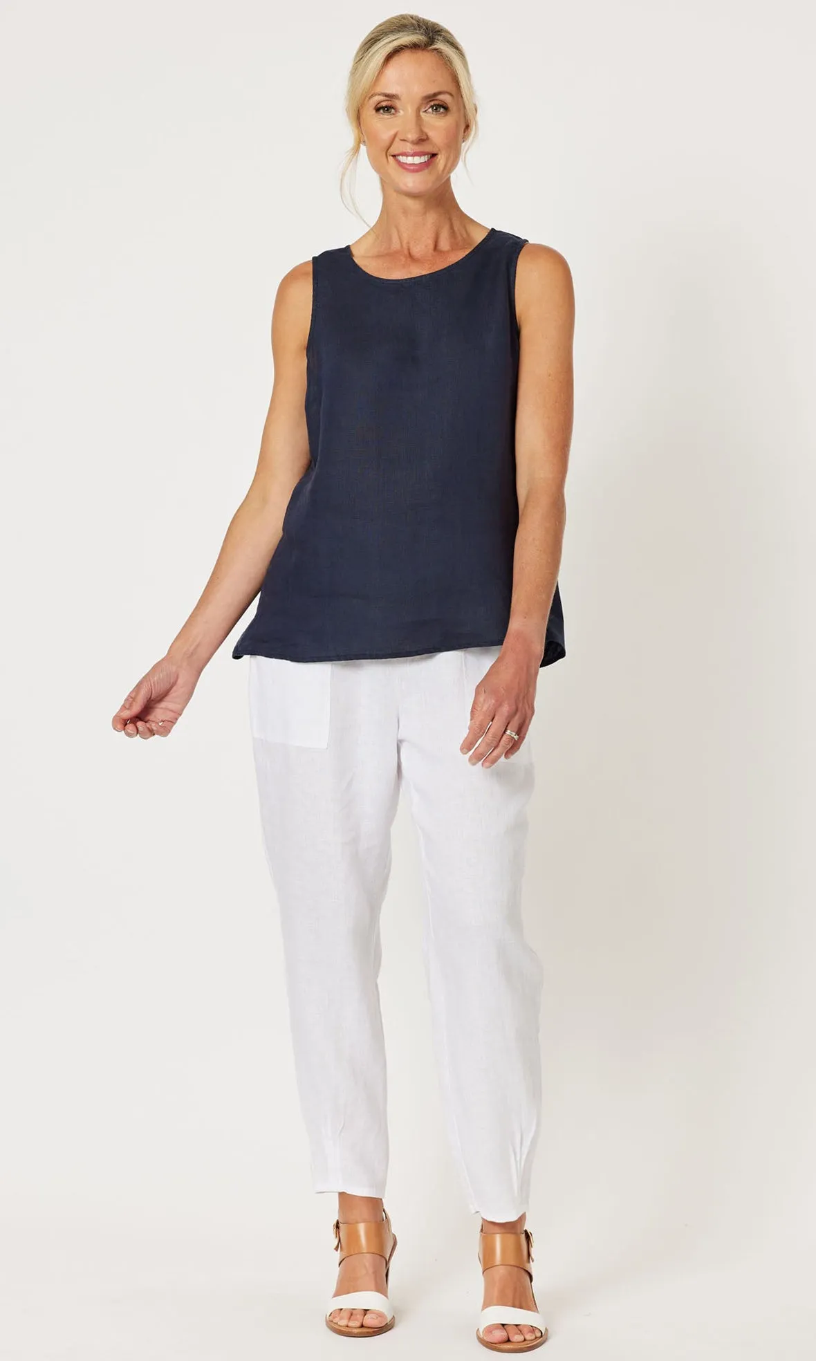 Linen Button Back Tank Top Bianca Navy