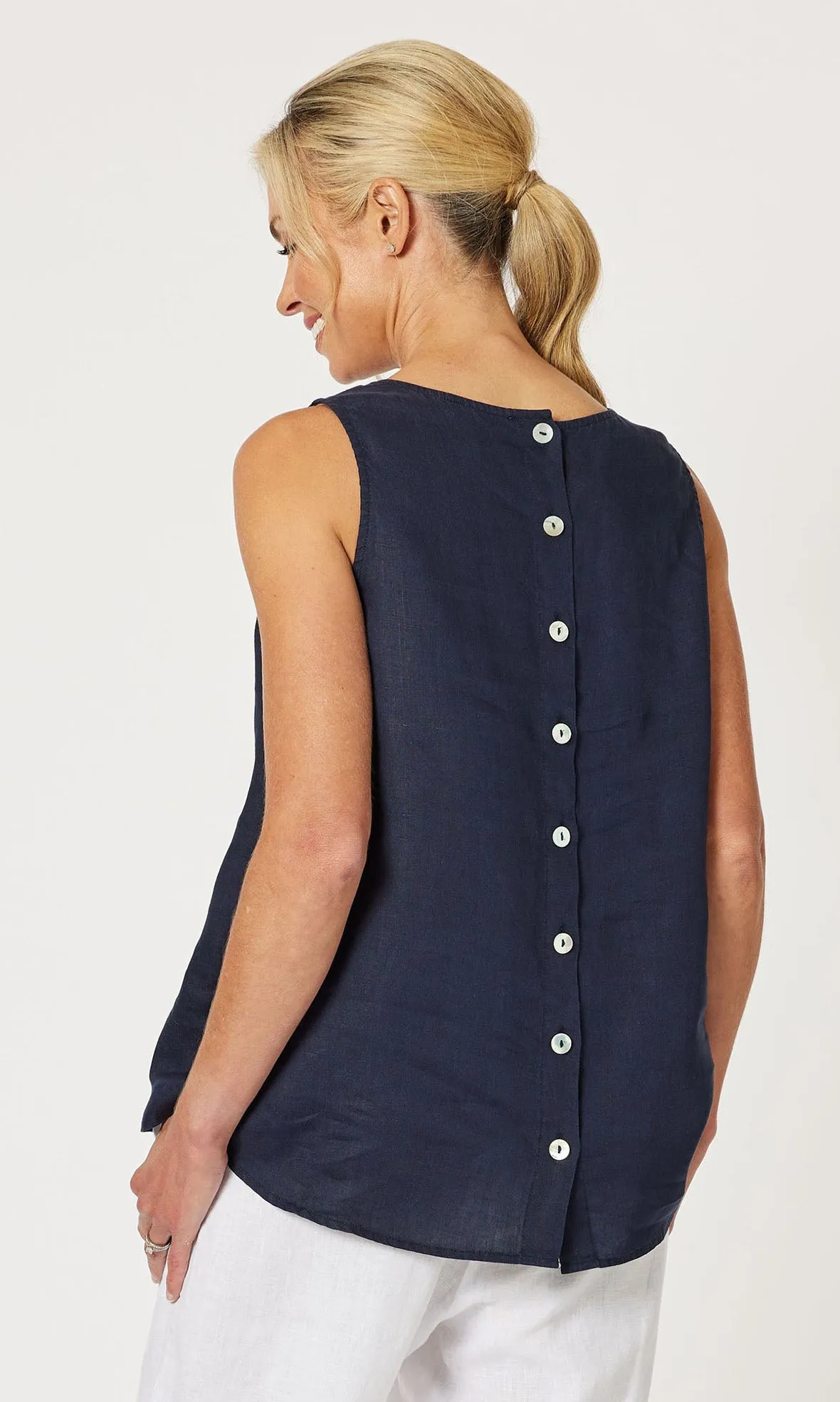 Linen Button Back Tank Top Bianca Navy