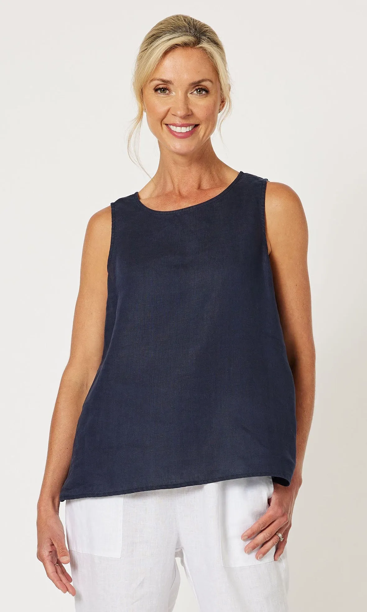 Linen Button Back Tank Top Bianca Navy