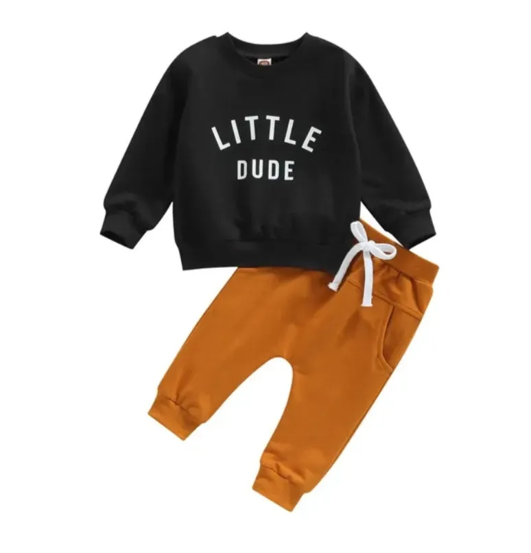 Little Dude Long Sleeve Black Top and Caramel Pants #1000280