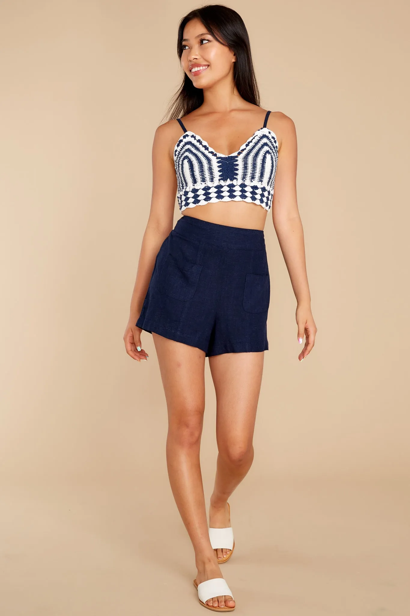 Live It Up Navy And Ivory Crochet Top