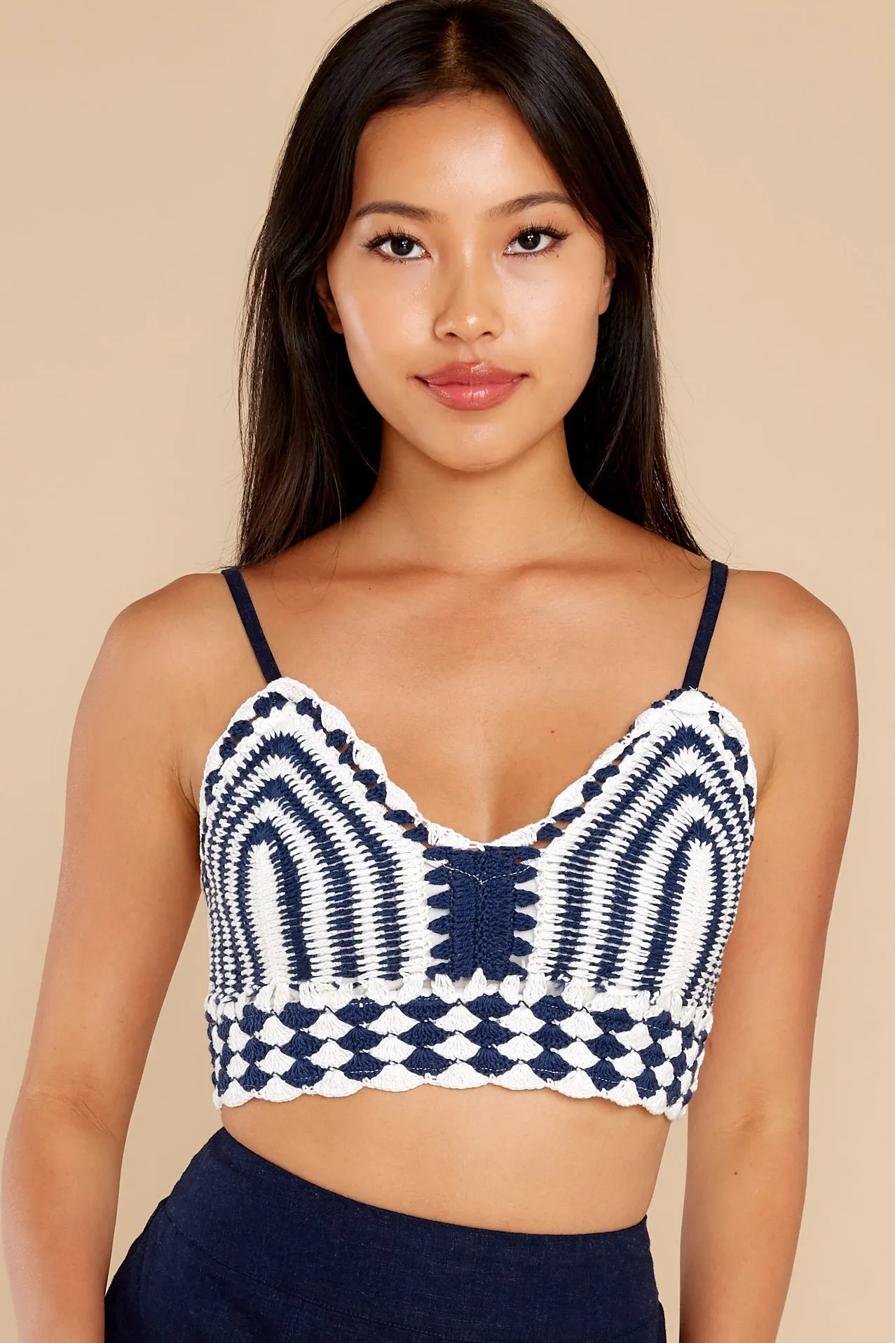 Live It Up Navy And Ivory Crochet Top