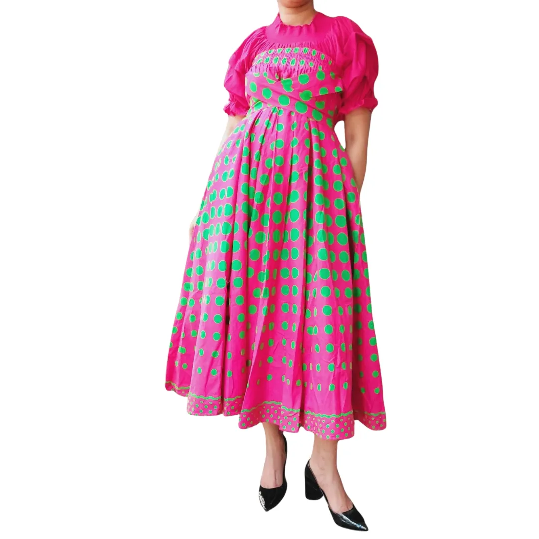 Long Flared Maxi Skirt- Pink-Green Polka Dots