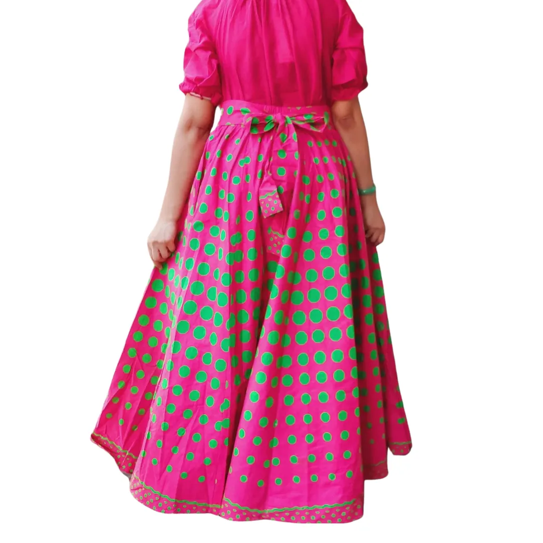 Long Flared Maxi Skirt- Pink-Green Polka Dots