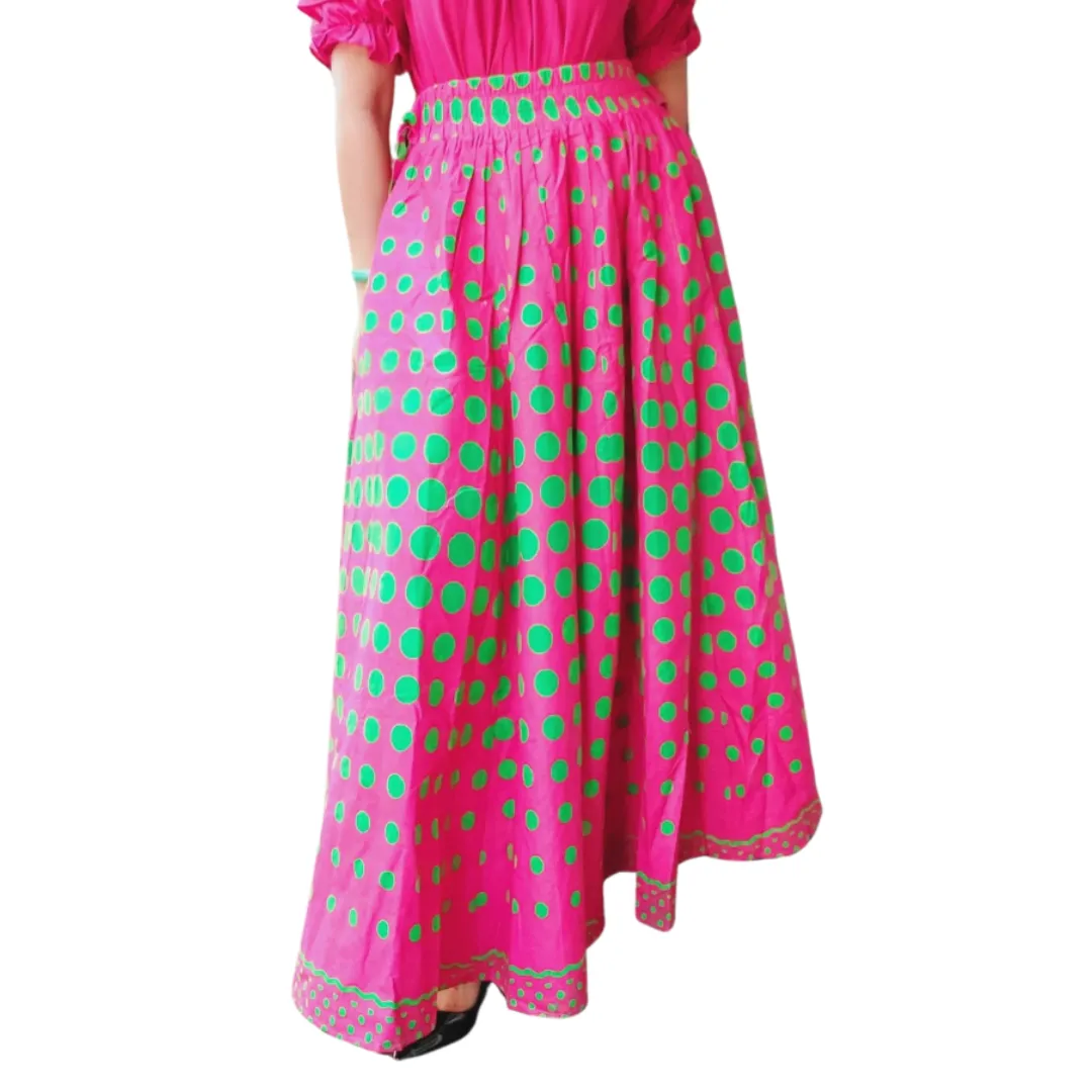 Long Flared Maxi Skirt- Pink-Green Polka Dots