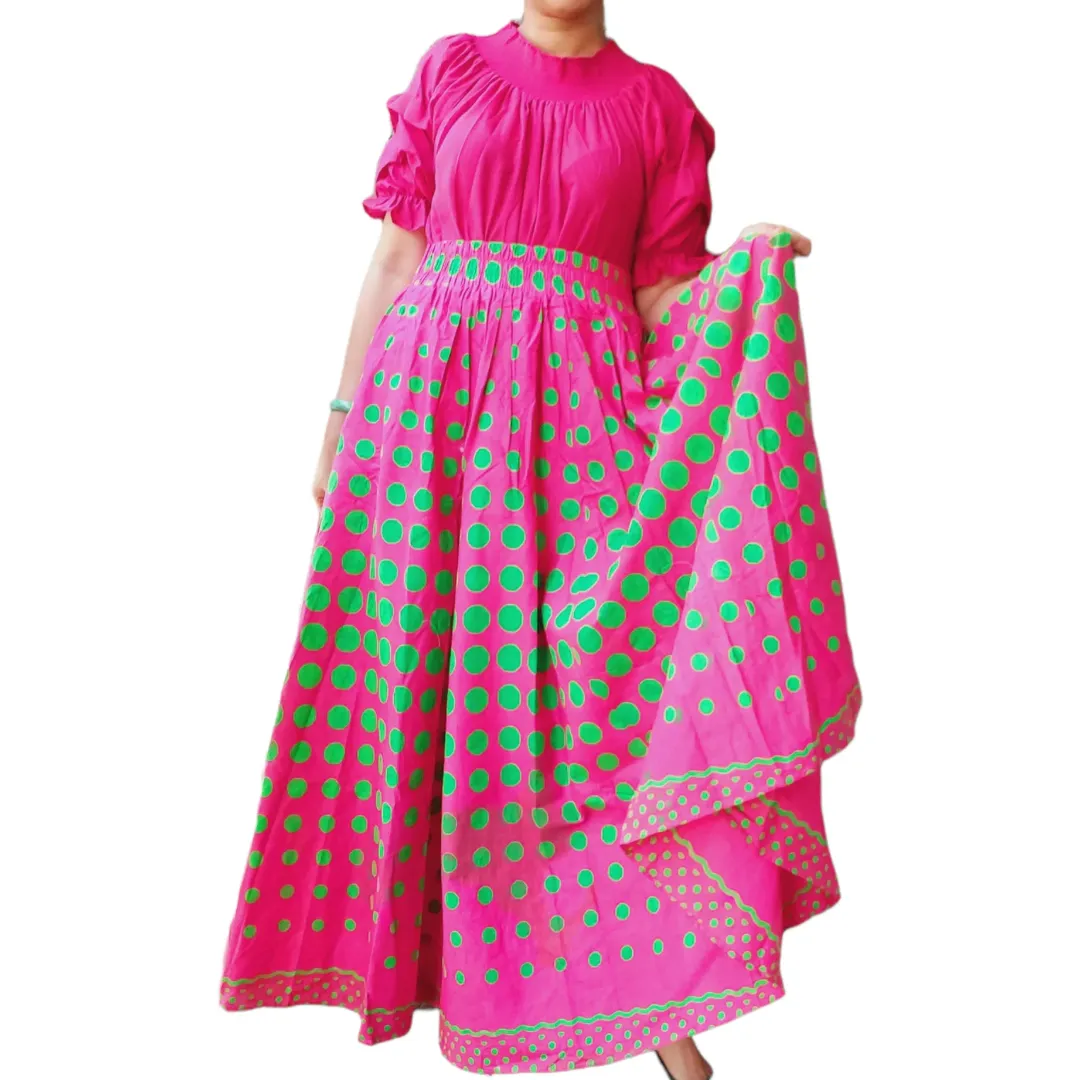 Long Flared Maxi Skirt- Pink-Green Polka Dots