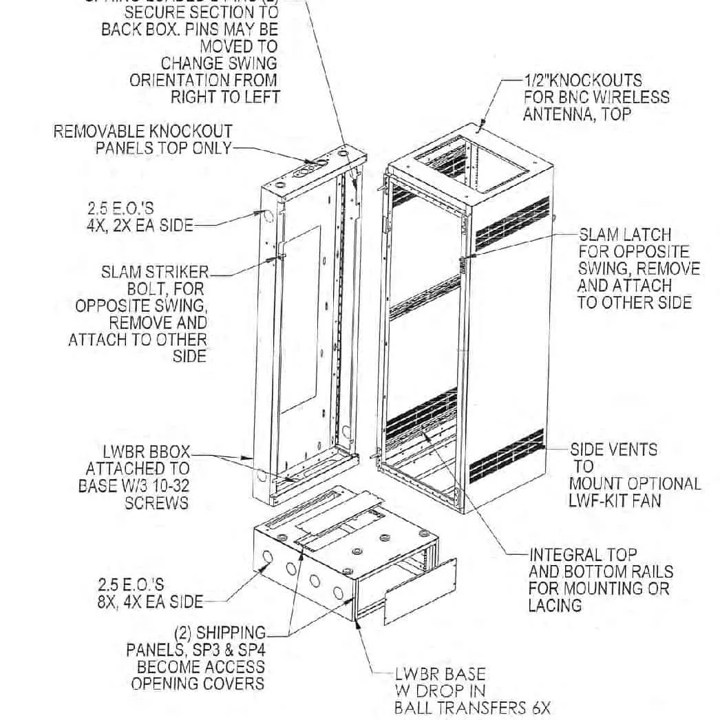 Lowell Mfg Equipment Rack-Wall/Base Mount-40U, 32in Deep, 1pr Adjustable Rails