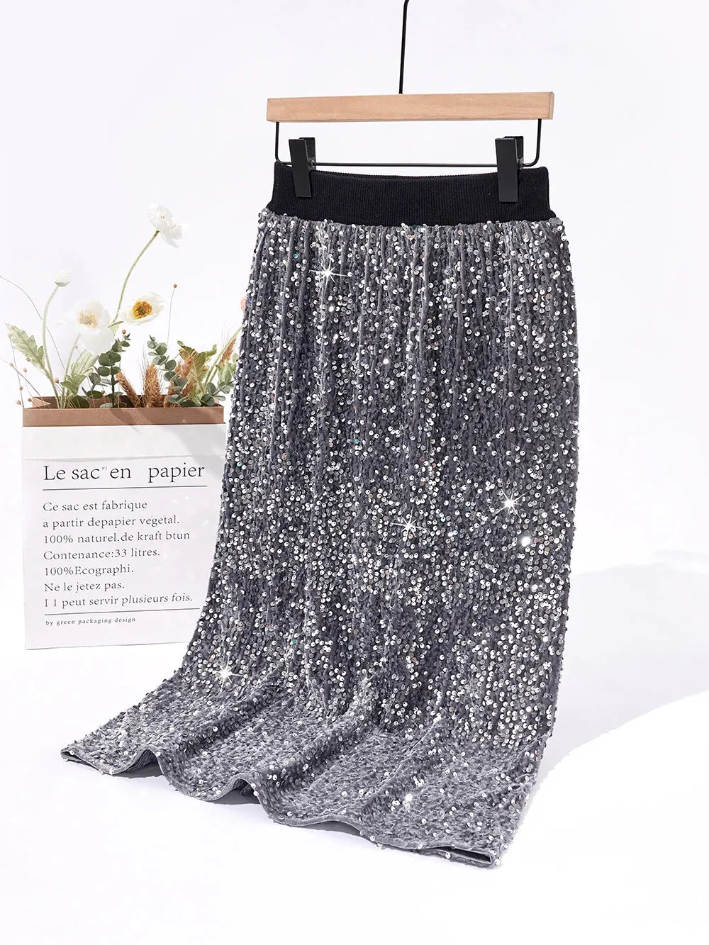 Luxury High Qulaity Women Midi Skirts Autumn Winter Euroepan Style Sequin Solid Color Thick Warm Wool Knitting Skirts C-233