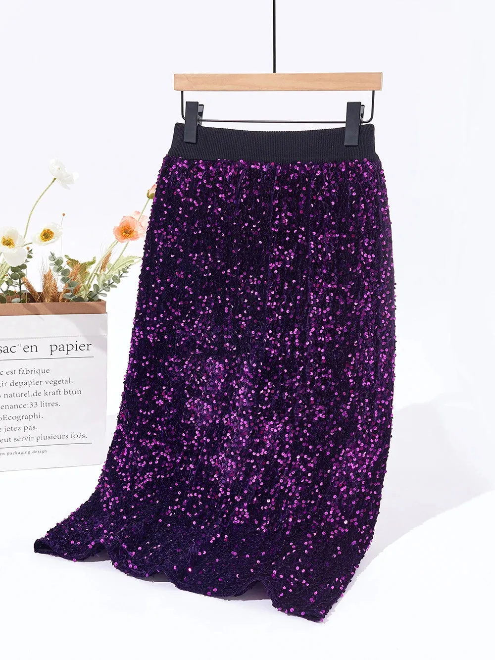 Luxury High Qulaity Women Midi Skirts Autumn Winter Euroepan Style Sequin Solid Color Thick Warm Wool Knitting Skirts C-233