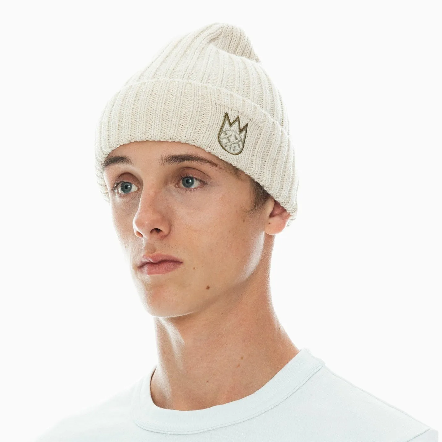 Men's Knit Hat With Clean 2 Tone Shimuchan Logo In Winter White