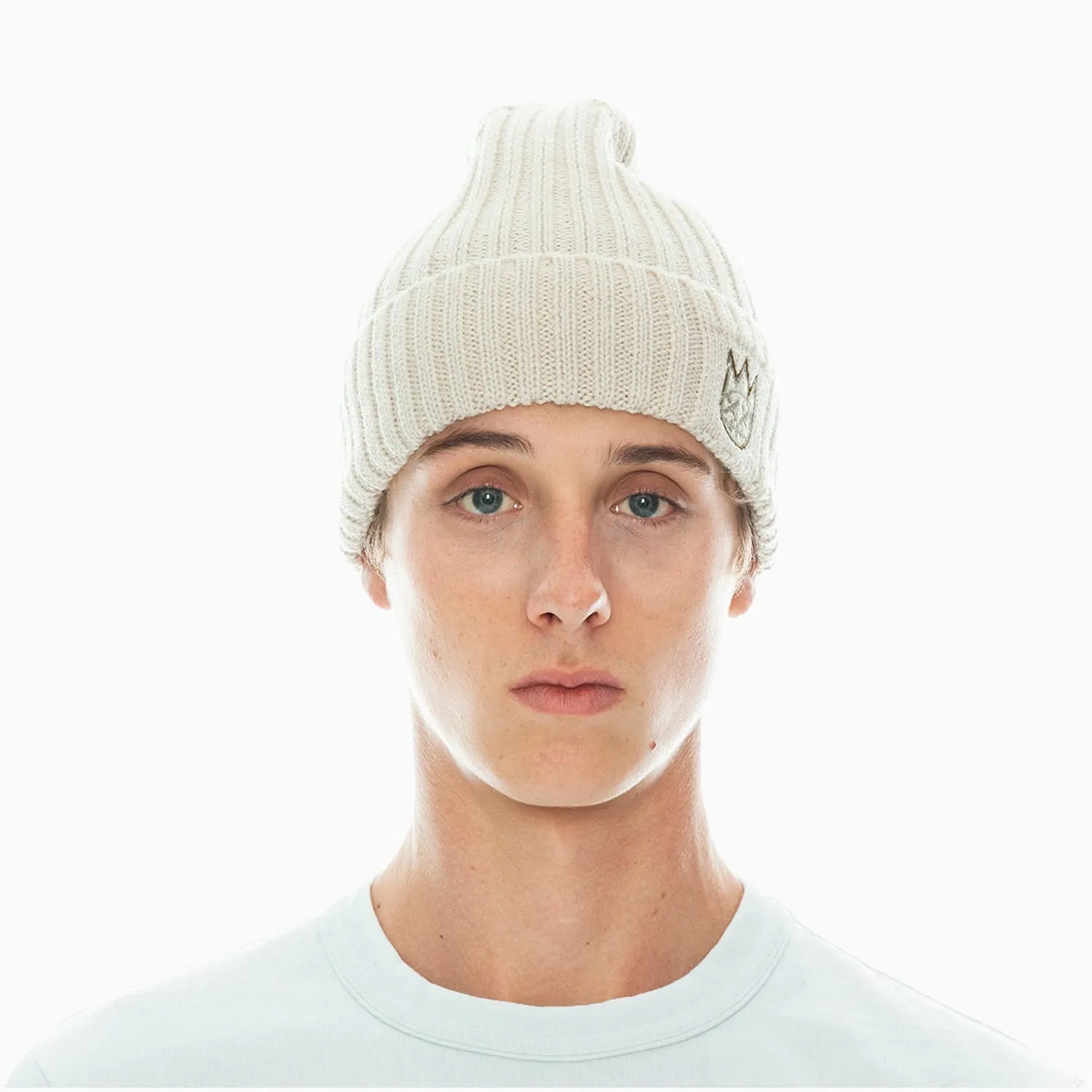 Men's Knit Hat With Clean 2 Tone Shimuchan Logo In Winter White