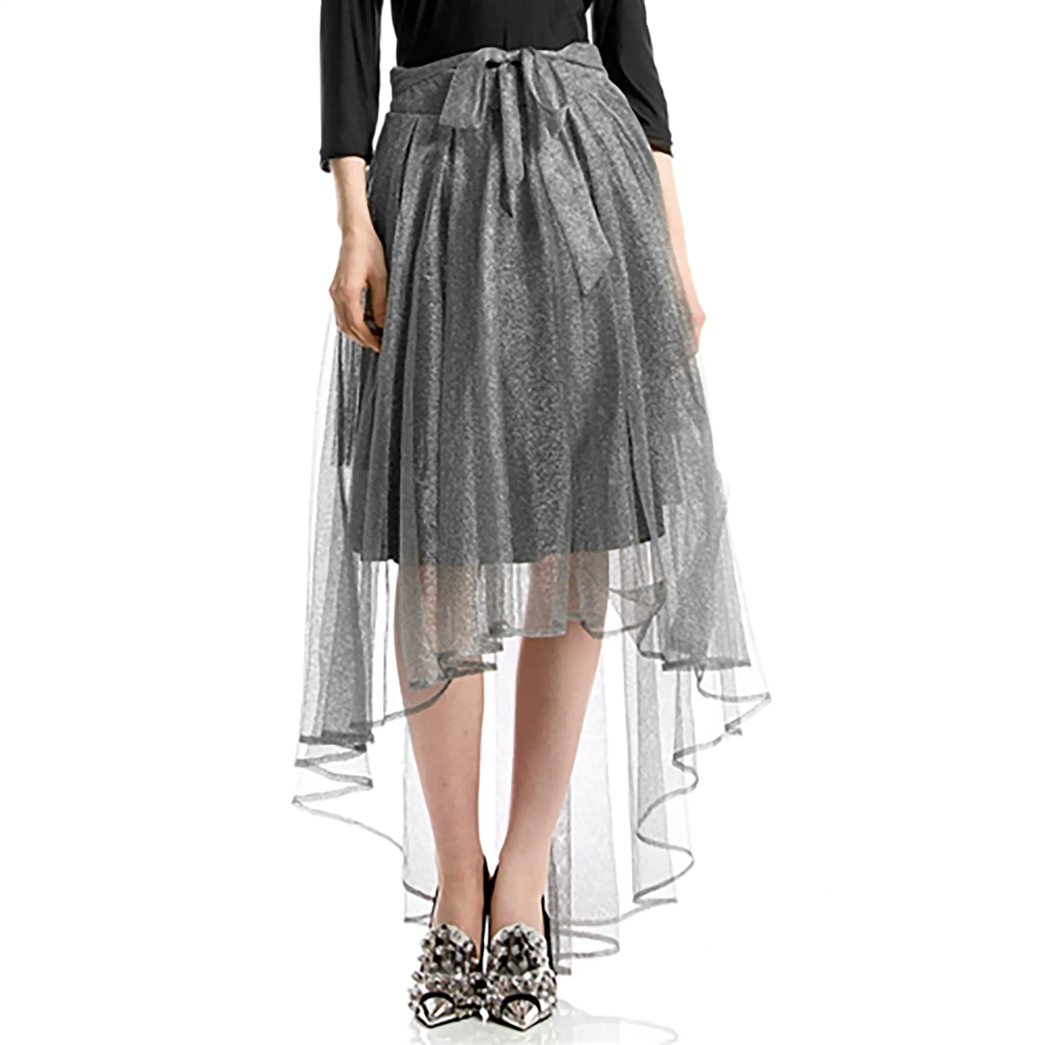 Mesh Hi-Lo Silver Metallic Skirt