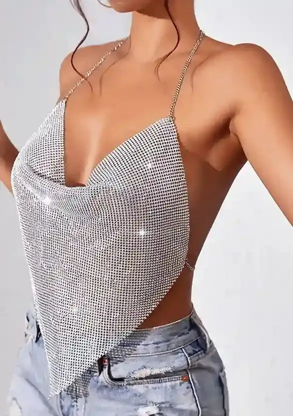 Millie Sparkly Rhinestone Chainmail Scarf Hem Tank Top