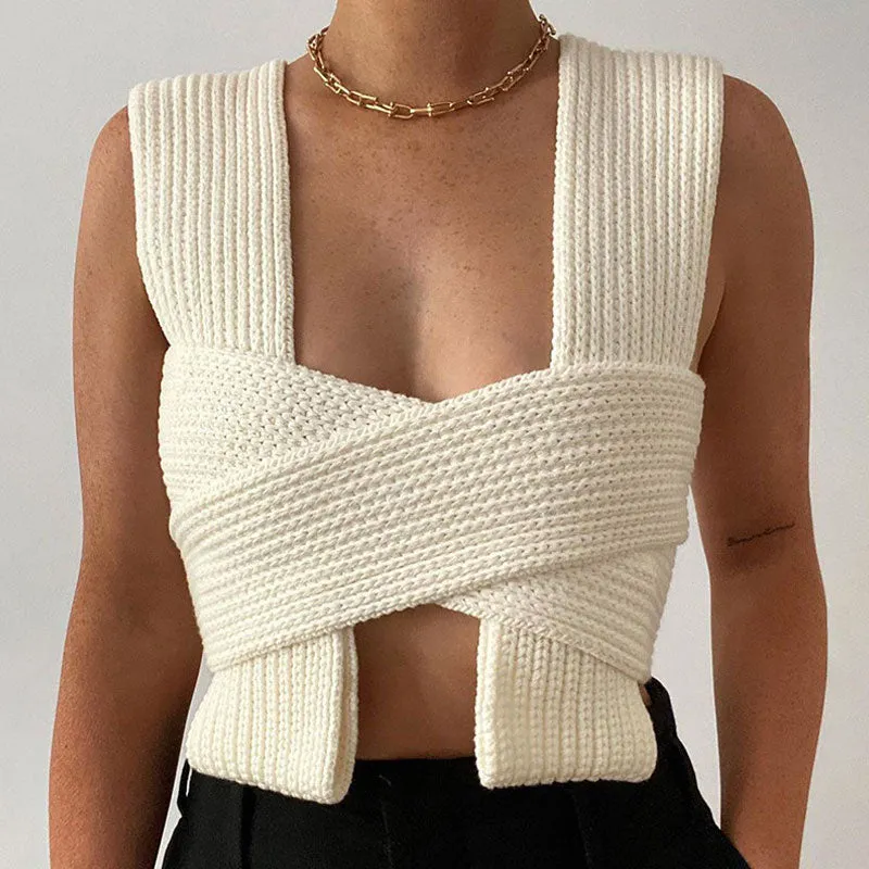 Multi-Way Bandage Tie Strap Cropped Knit Tank Top - White