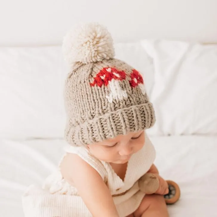 Mushroom Hand Knit Beanie Hat Pebble