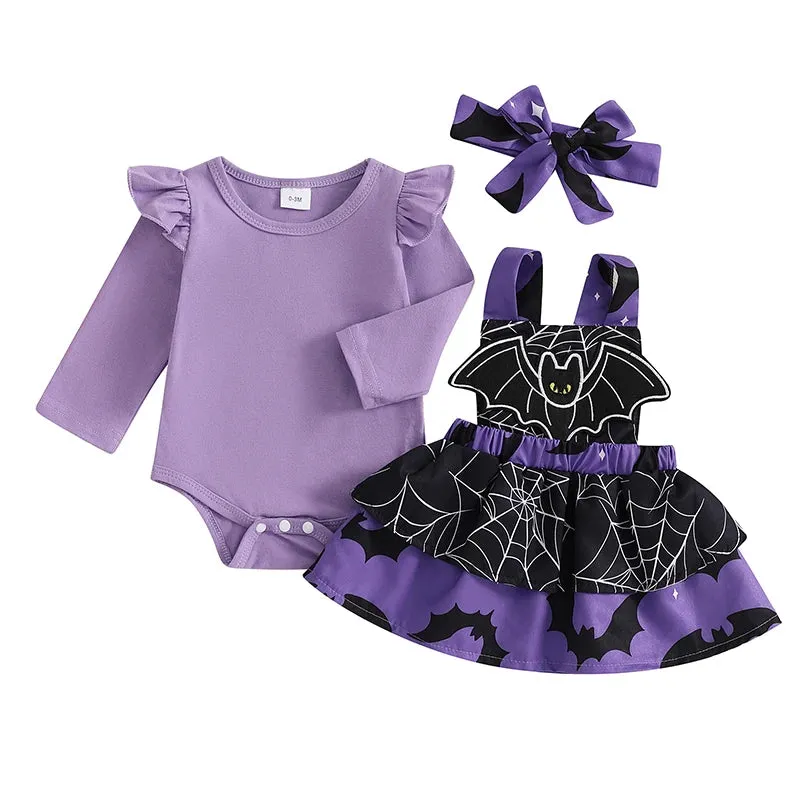 Newborn Baby Girls Halloween Clothes Sets Flying Sleeve Rompers Pumpkin/Ghost Embroidery Suspender Skirts Headband Outfits