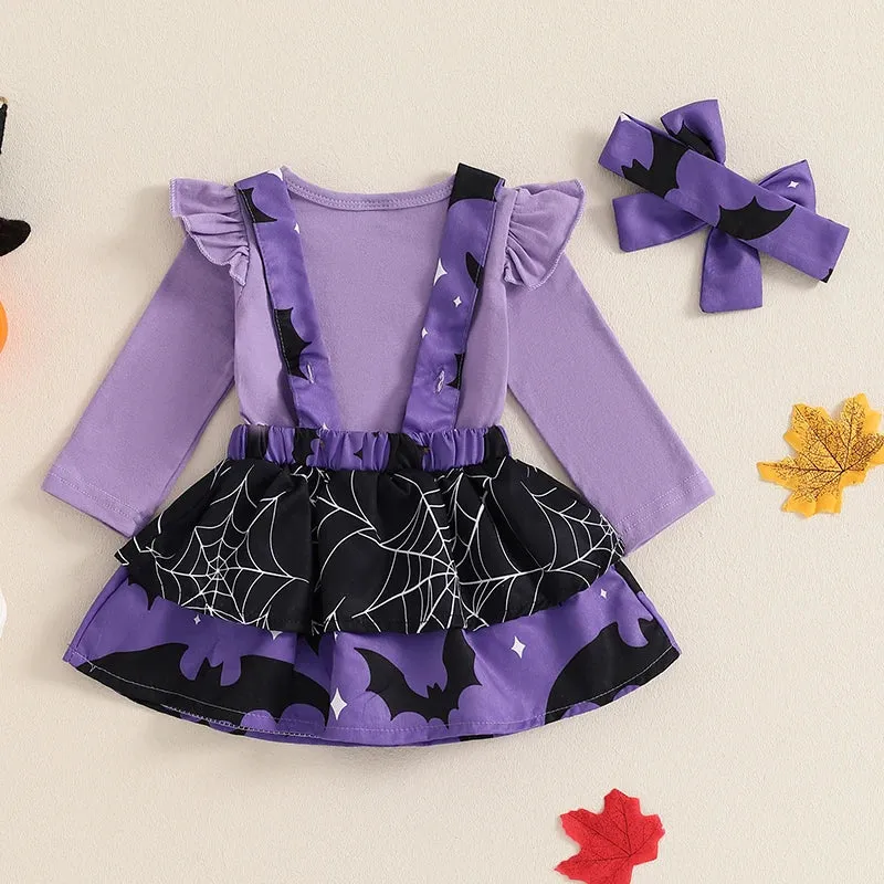 Newborn Baby Girls Halloween Clothes Sets Flying Sleeve Rompers Pumpkin/Ghost Embroidery Suspender Skirts Headband Outfits