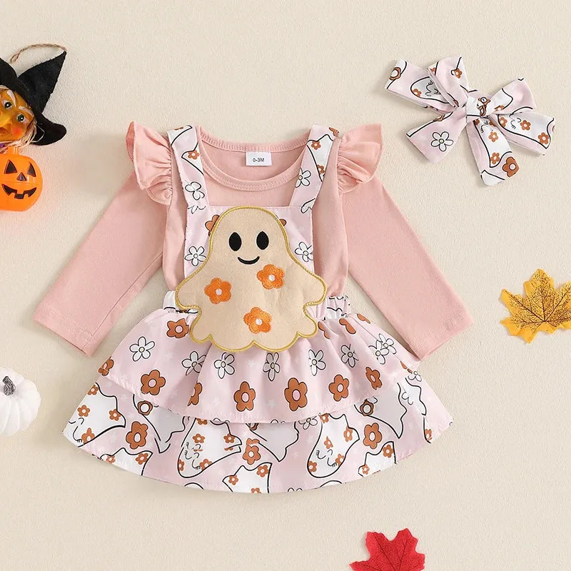 Newborn Baby Girls Halloween Clothes Sets Flying Sleeve Rompers Pumpkin/Ghost Embroidery Suspender Skirts Headband Outfits