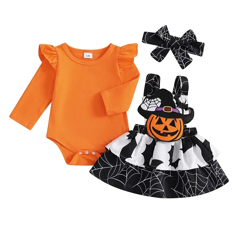 Newborn Baby Girls Halloween Clothes Sets Flying Sleeve Rompers Pumpkin/Ghost Embroidery Suspender Skirts Headband Outfits