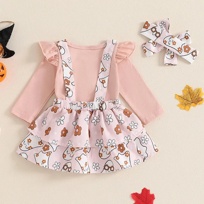 Newborn Baby Girls Halloween Clothes Sets Flying Sleeve Rompers Pumpkin/Ghost Embroidery Suspender Skirts Headband Outfits