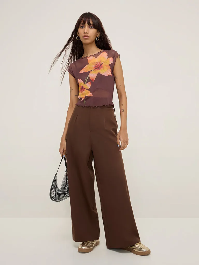 Nuon Brown Floral Design Mesh Top with Camisole