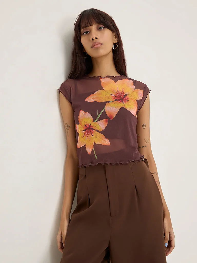 Nuon Brown Floral Design Mesh Top with Camisole