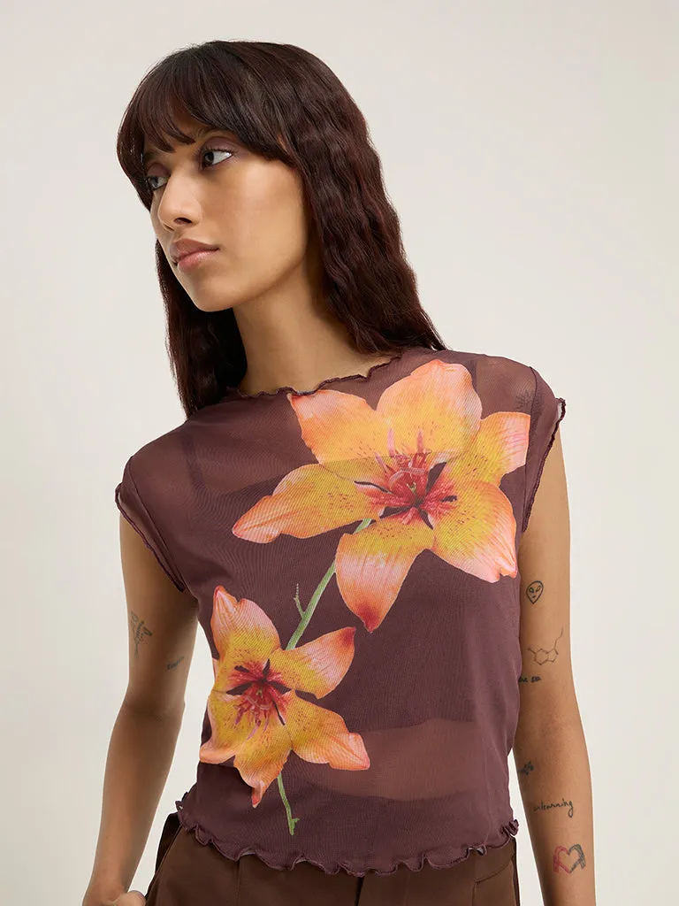 Nuon Brown Floral Design Mesh Top with Camisole