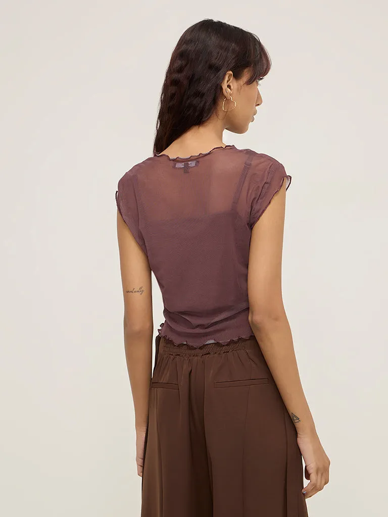 Nuon Brown Floral Design Mesh Top with Camisole