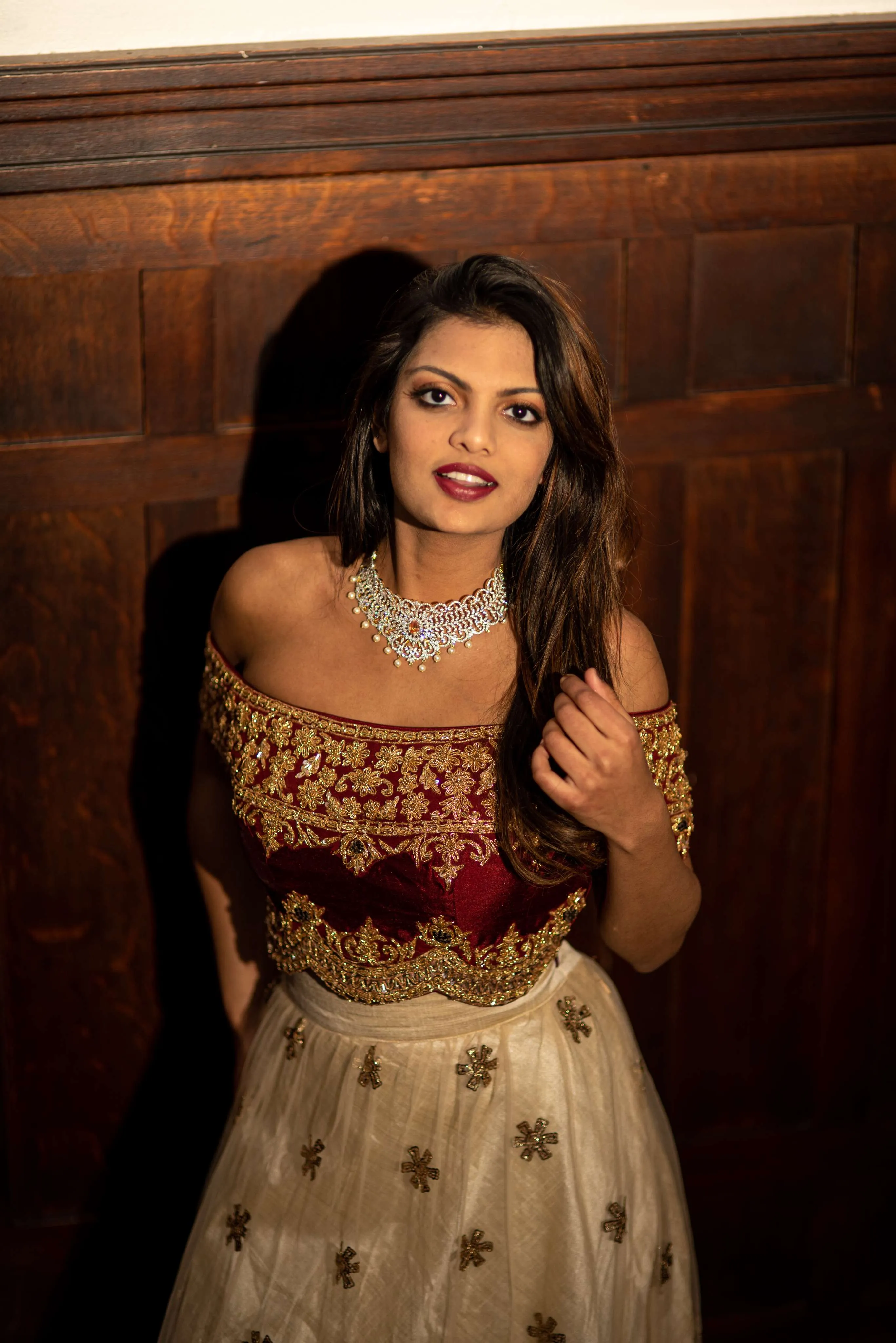 Opulent Maroon Beige Embroidered Crop Top and Skirt Set with Exquisite Embellishments