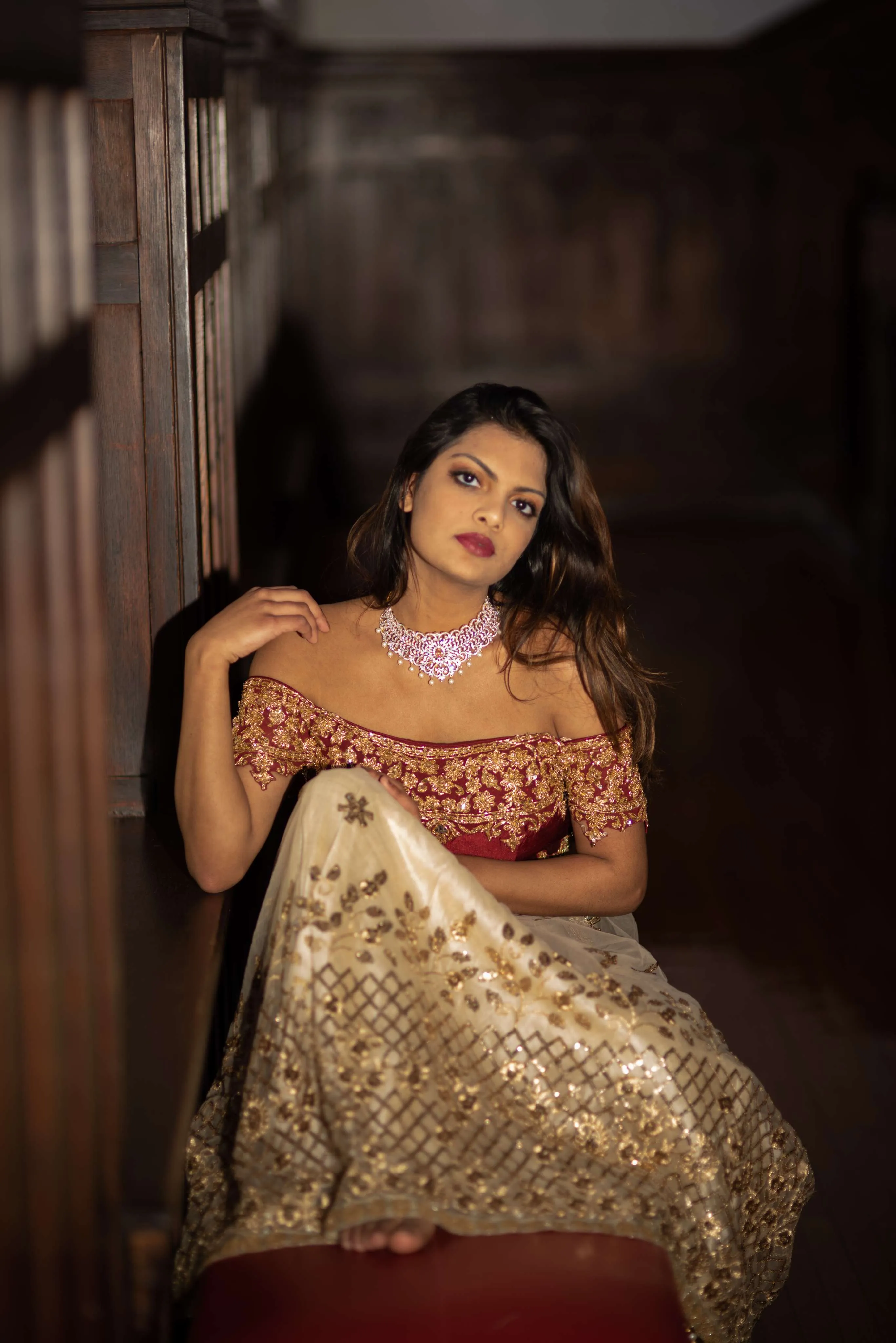 Opulent Maroon Beige Embroidered Crop Top and Skirt Set with Exquisite Embellishments