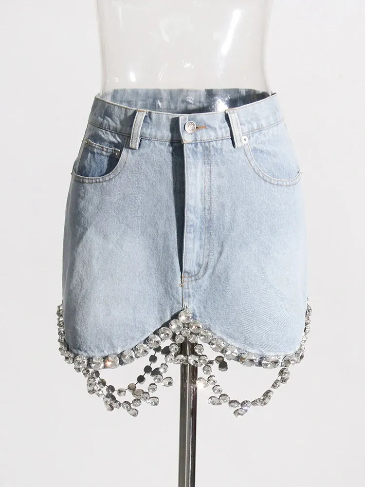 Patchwork Diamonds Denim Skirts For Women High Waist Patchwork Pockets Soild Slimming Mini Skirt Female Fashion Clothing