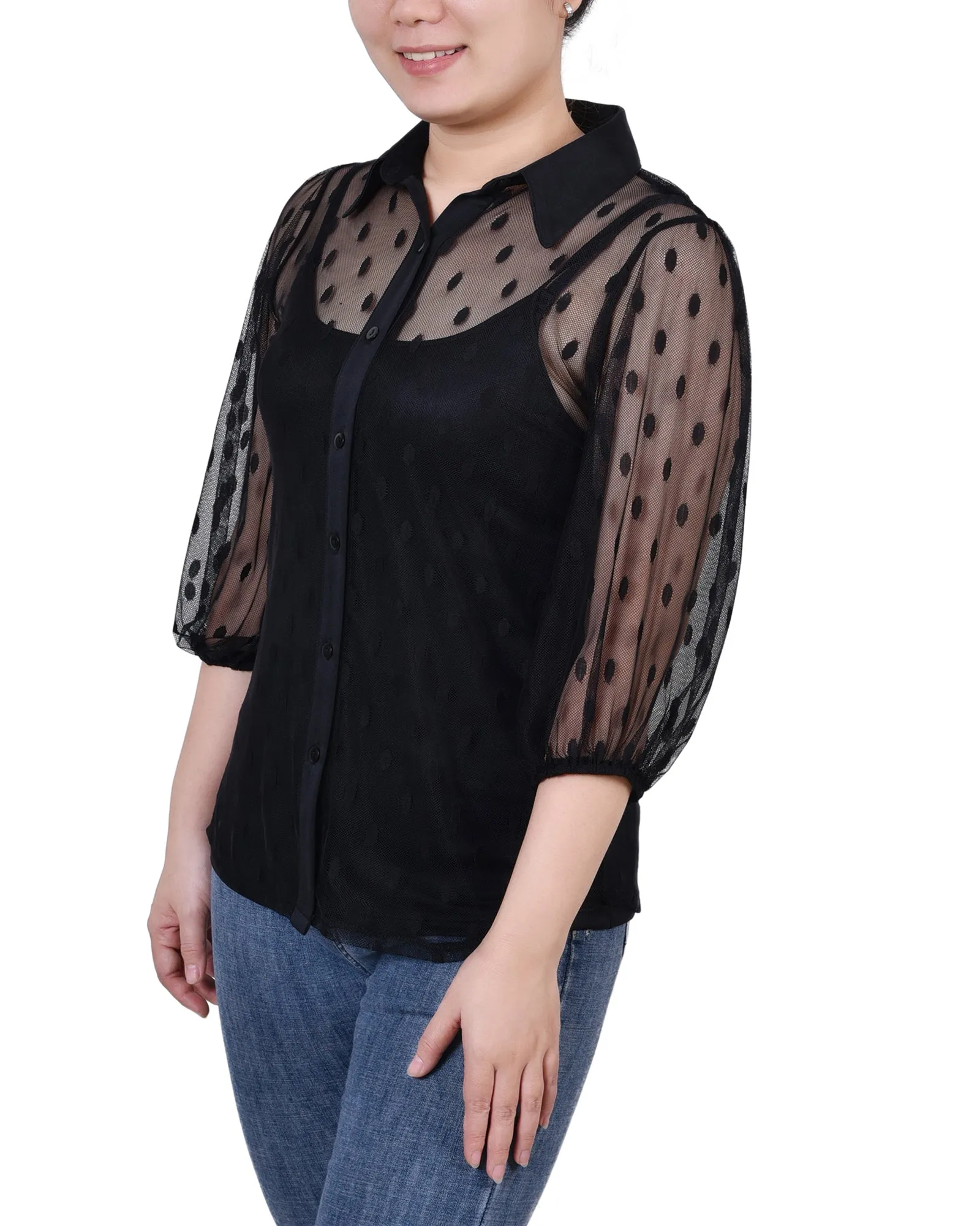 Petite Elbow Sleeve Clip Dot Blouse With Camisole