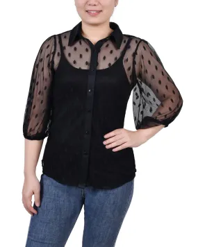 Petite Elbow Sleeve Clip Dot Blouse With Camisole