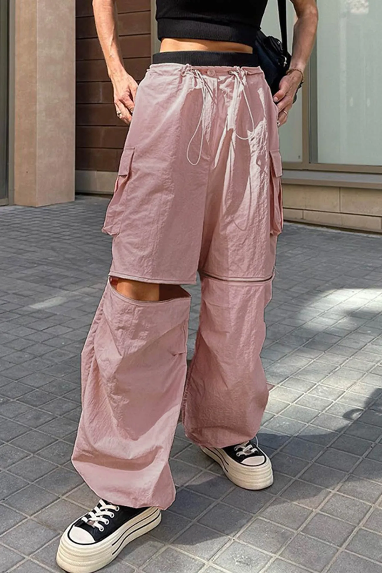 Pink Drawstring Zipper Cargo Long Pants