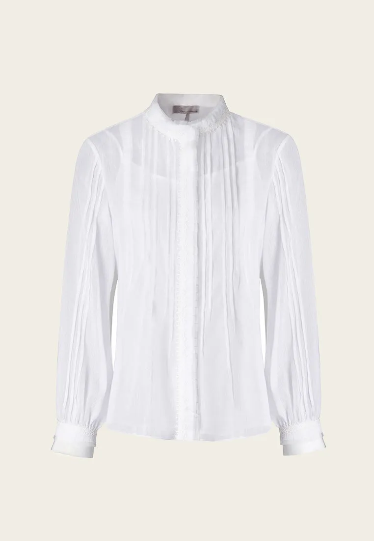 Pleat-detailing White Sheer Long Sleeve Shirt