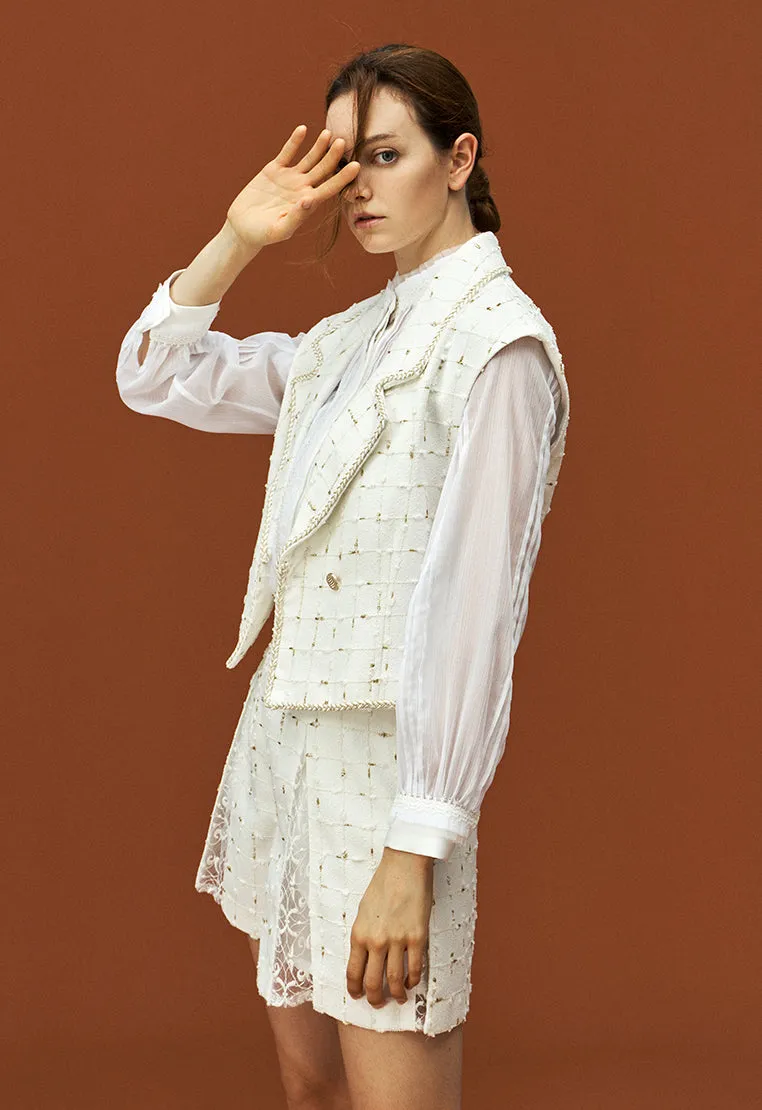 Pleat-detailing White Sheer Long Sleeve Shirt